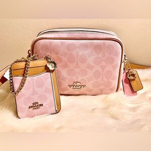 Coach Pink Pebbled Leather Crossbody Camera Bag with Tan Accent Card Holder